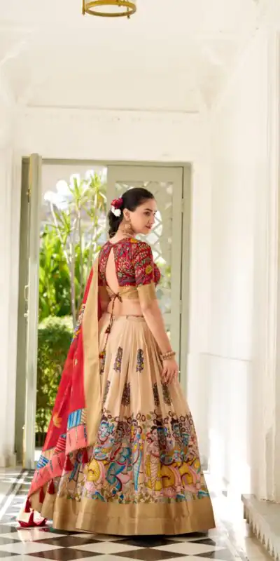 Cream Dola Silk Lace Work Kalamkari Print Lehenga Choli | Lehenga, Bollywood Lehenga, Creative Lehenga, Designer Lehenga, Embroidered Lehenga, Party Wear Lehenga
