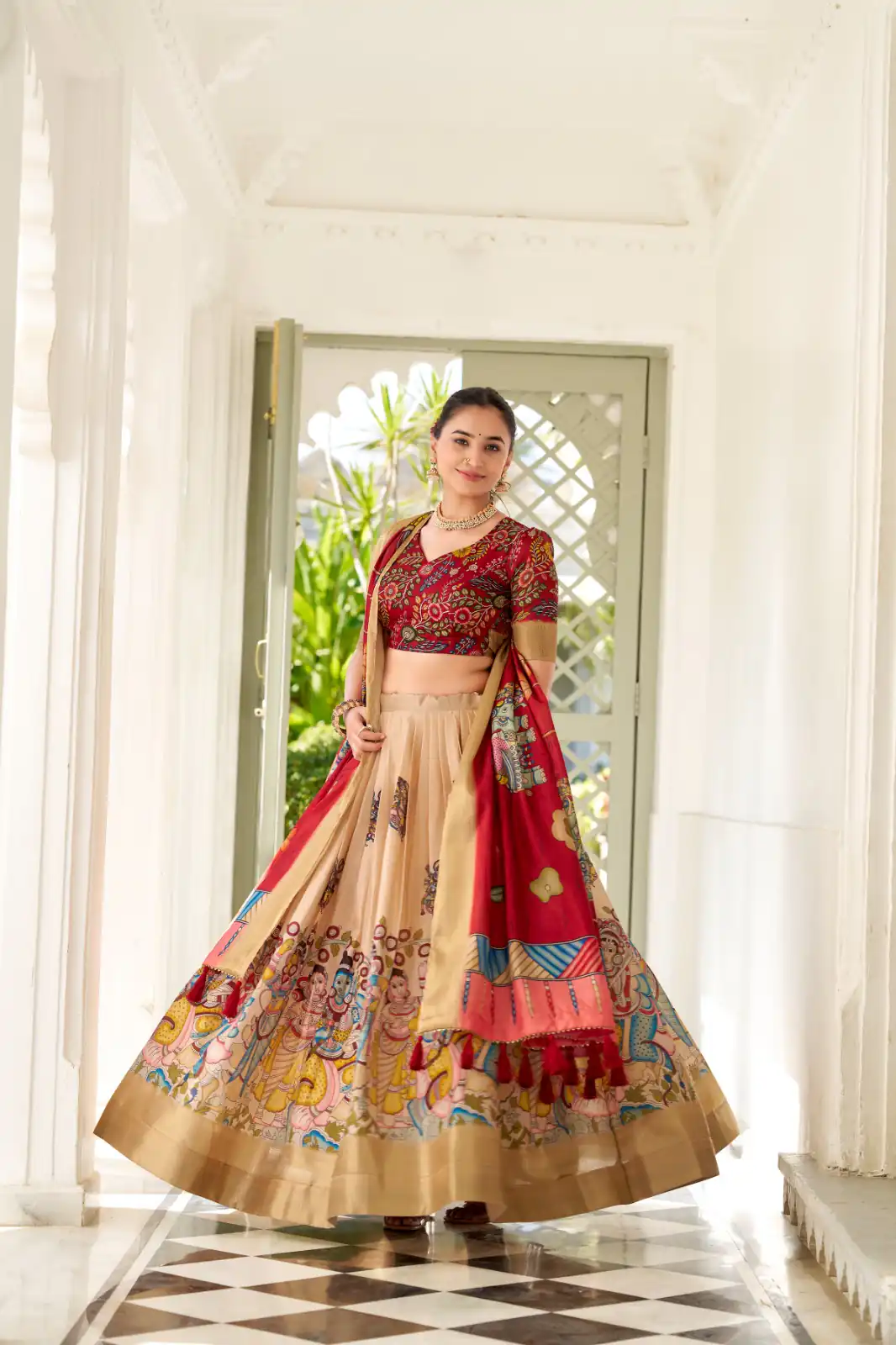 Cream Dola Silk Lace Work Kalamkari Print Lehenga Choli | Lehenga, Bollywood Lehenga, Creative Lehenga, Designer Lehenga, Embroidered Lehenga, Party Wear Lehenga