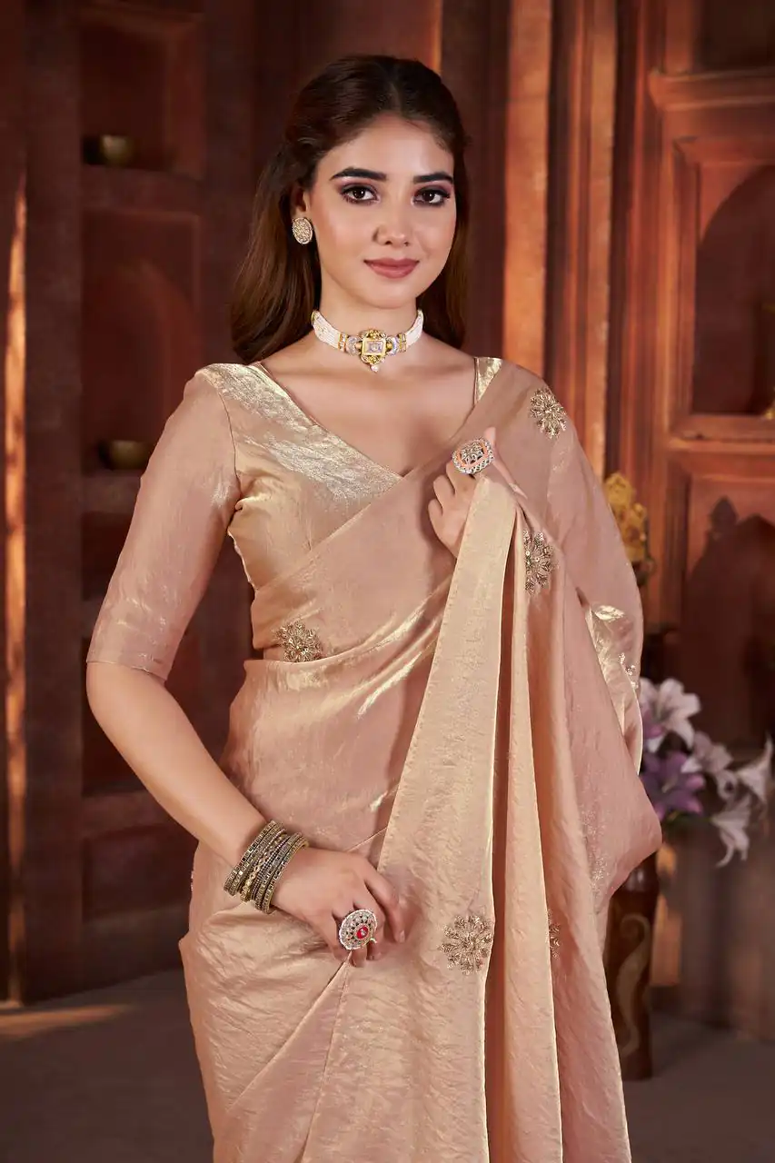 Cream Fandy Satin Silk Bead Work Saree | Sarees, Bollywood Sarees, Creative Sarees, Designer Sarees, Embroidered Sarees, Ethnic Saree, Modern Digital sarees, Party Wear Sarees