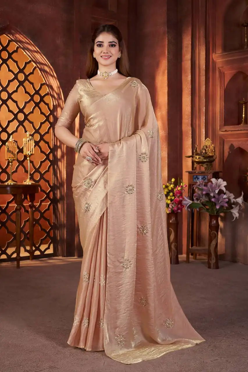 Cream Fandy Satin Silk Bead Work Saree | Sarees, Bollywood Sarees, Creative Sarees, Designer Sarees, Embroidered Sarees, Ethnic Saree, Modern Digital sarees, Party Wear Sarees