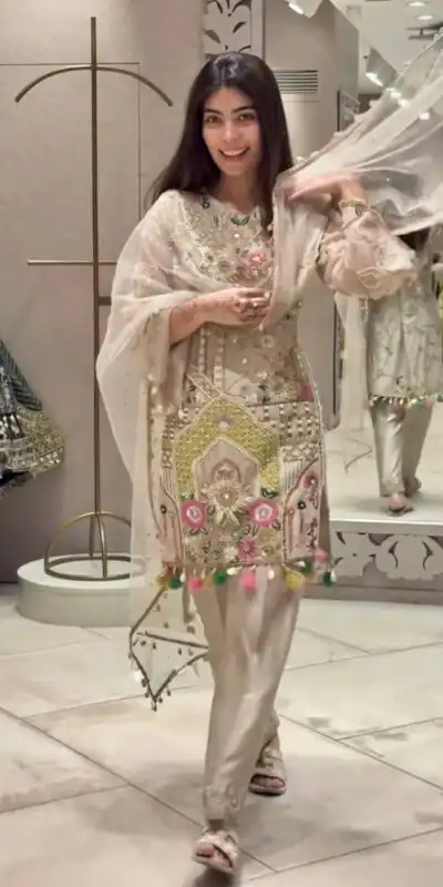 Cream Faux Georgette With Mirror Work Salwar Suit | Jump Suits, Tops & Bottoms, Track Suits, Salwar suit, Casual Suits, Creative suits, Designer Suits, Palazzo Suits, Party Wear Suits, Patiala Suits, Straight Suits, Trendy Wear