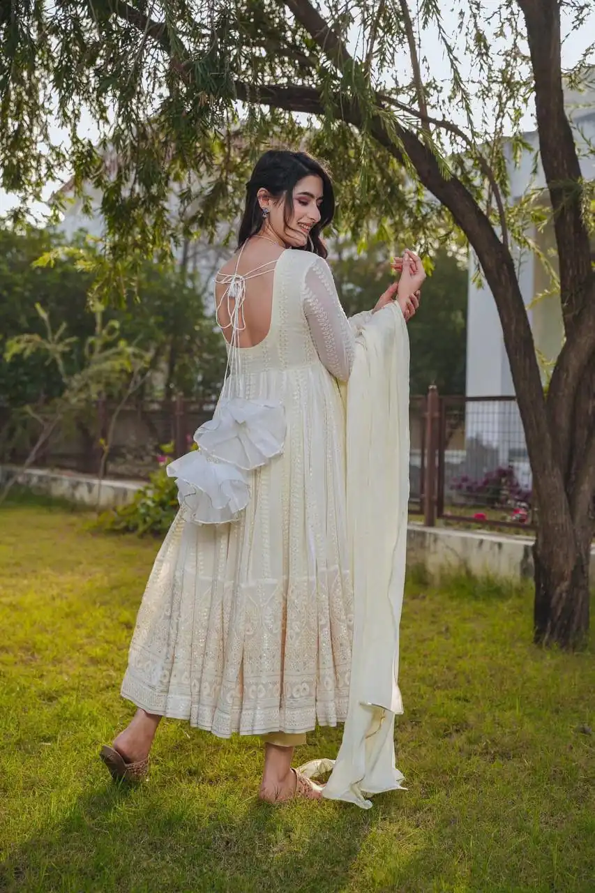 Cream Fox Georgette Embroidery Sequence Anarkali Gown | Gowns, Bollywood Gowns, Creative Gowns, Designer Gowns, Embroidered Gowns, Party Wear Gowns, Straight Suits