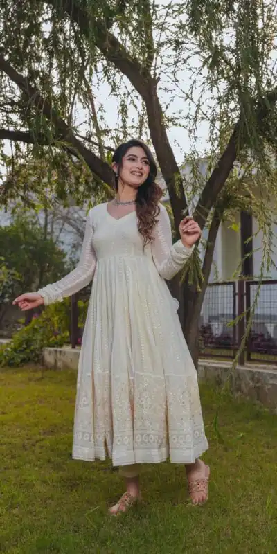 Cream Fox Georgette Embroidery Sequence Anarkali Gown | Gowns, Bollywood Gowns, Creative Gowns, Designer Gowns, Embroidered Gowns, Party Wear Gowns, Straight Suits