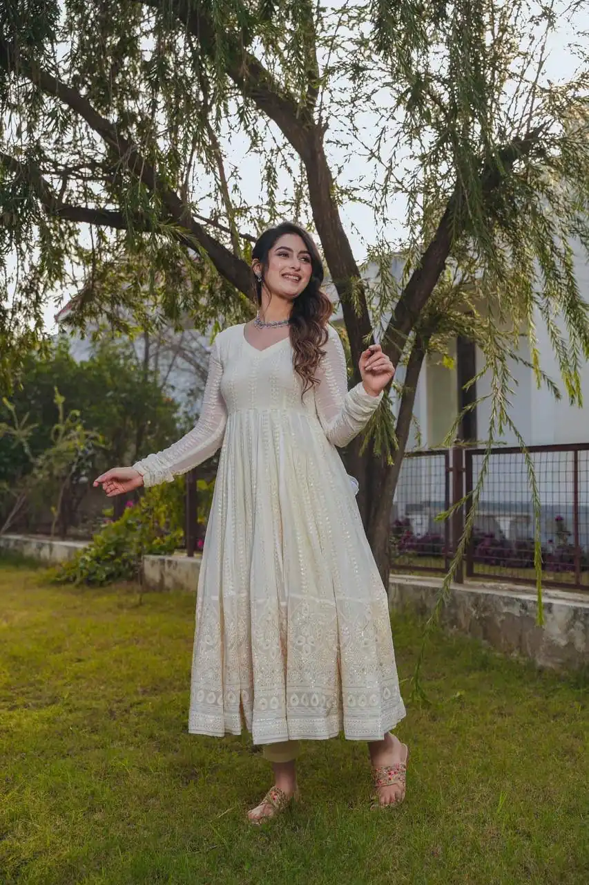 Cream Fox Georgette Embroidery Sequence Anarkali Gown | Gowns, Bollywood Gowns, Creative Gowns, Designer Gowns, Embroidered Gowns, Party Wear Gowns, Straight Suits