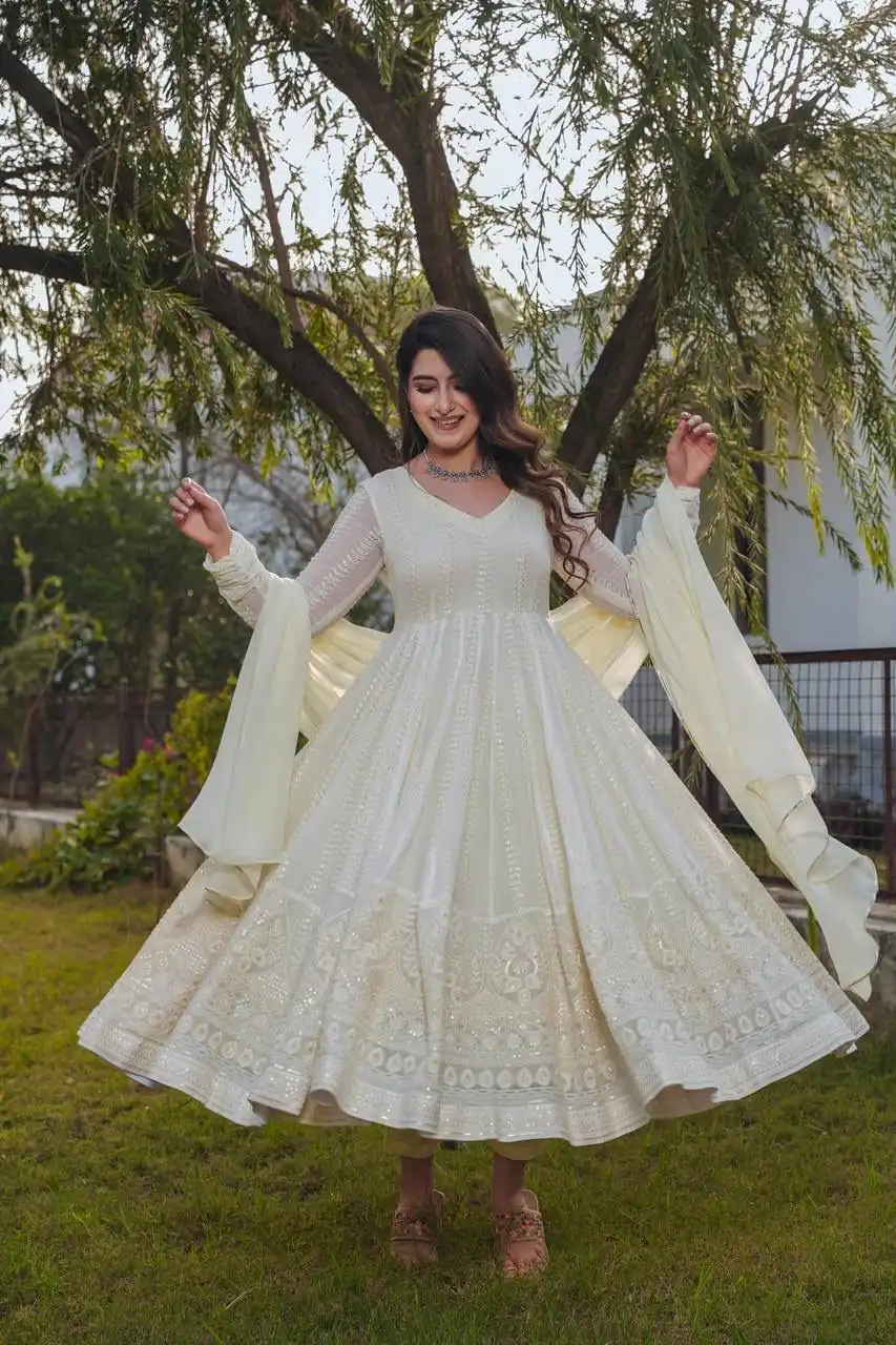 Cream Fox Georgette Embroidery Sequence Anarkali Gown | Gowns, Bollywood Gowns, Creative Gowns, Designer Gowns, Embroidered Gowns, Party Wear Gowns, Straight Suits