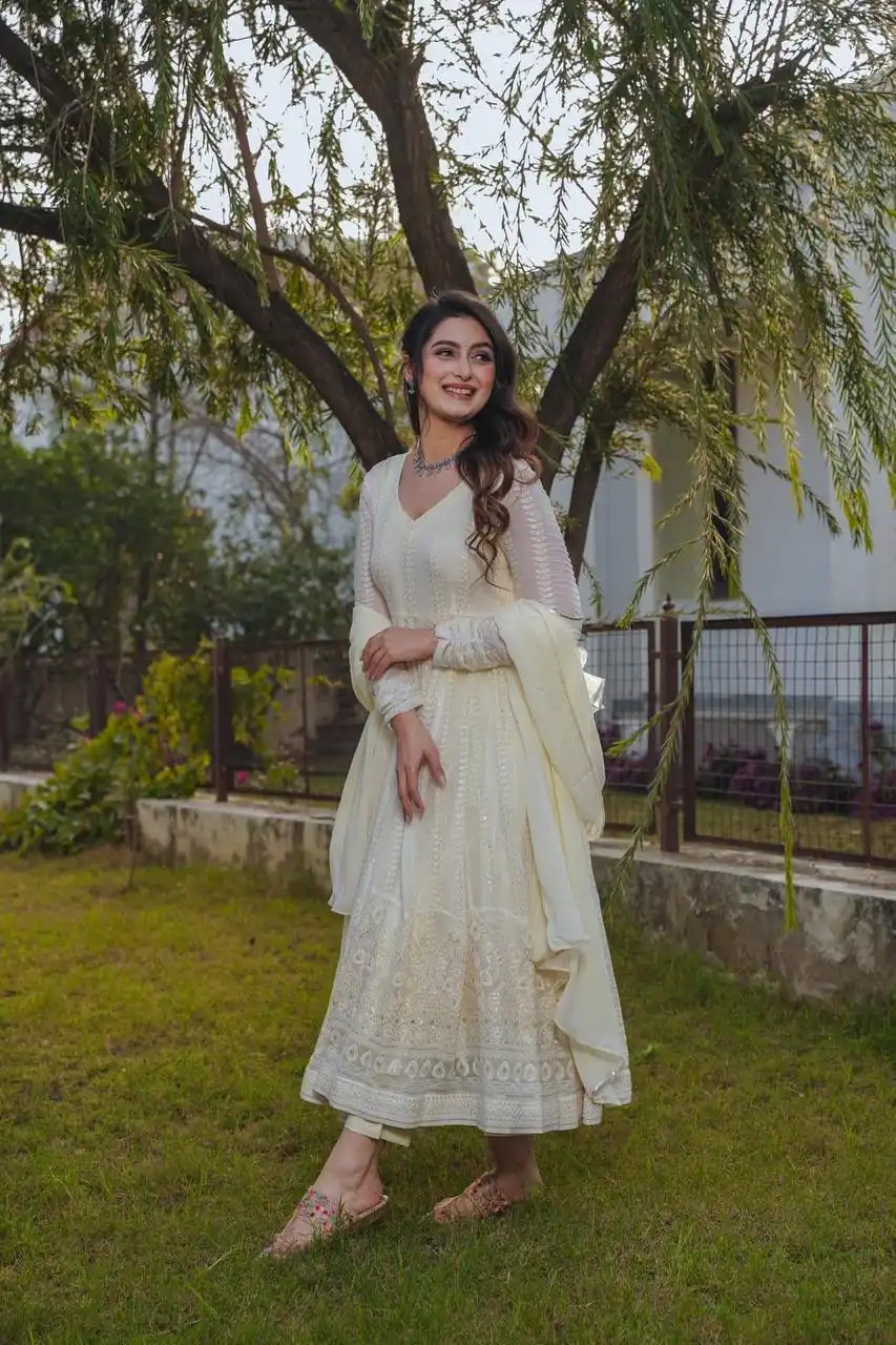 Cream Fox Georgette Embroidery Sequence Anarkali Gown | Gowns, Bollywood Gowns, Creative Gowns, Designer Gowns, Embroidered Gowns, Party Wear Gowns, Straight Suits