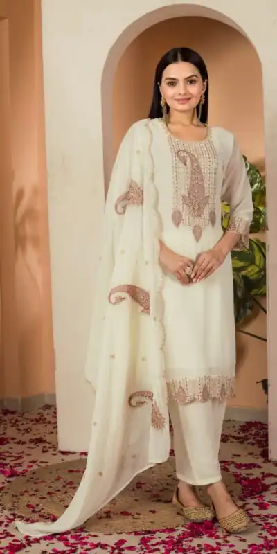 Cream Fox Georgette Embroidery Thread Sequence Salwar Suit | Jump Suits, Salwar suit, Casual Suits, Creative suits, Designer Suits, Palazzo Suits, Party Wear Suits, Patiala Suits, Straight Suits