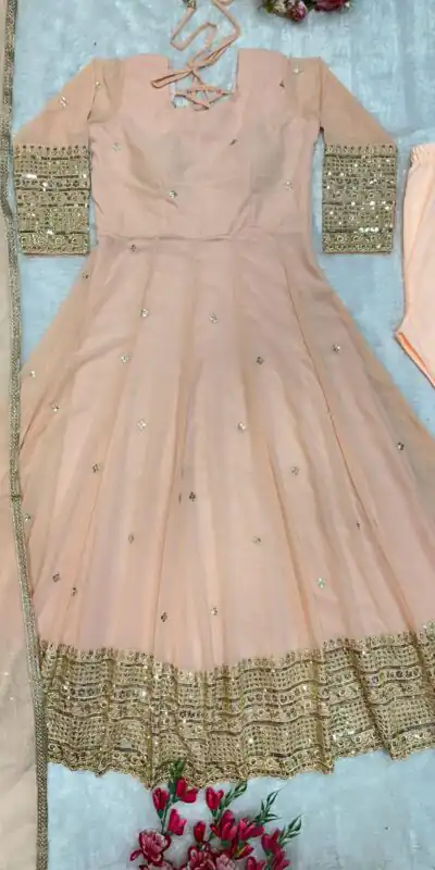 Cream Fox Georgette Embroidery Work Anarkali Gown | Gowns, Bollywood Gowns, Creative Gowns, Designer Gowns, Embroidered Gowns, Party Wear Gowns, Straight Suits