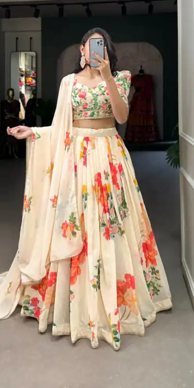 Cream Georgette Floral Printed Lehenga Choli | Lehenga, Bollywood Lehenga, Creative Lehenga, Designer Lehenga, Embroidered Lehenga, Party Wear Lehenga