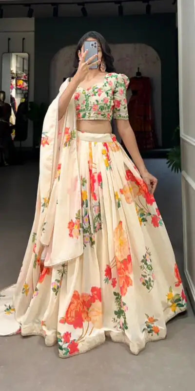 Cream Georgette Floral Printed Lehenga Choli | Lehenga, Bollywood Lehenga, Creative Lehenga, Designer Lehenga, Embroidered Lehenga, Party Wear Lehenga