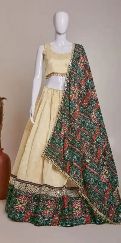 Cream Jaccard Silk Embroidery Printed Lehenga Choli | Lehenga, Bollywood Lehenga, Creative Lehenga, Designer Lehenga, Embroidered Lehenga, Party Wear Lehenga