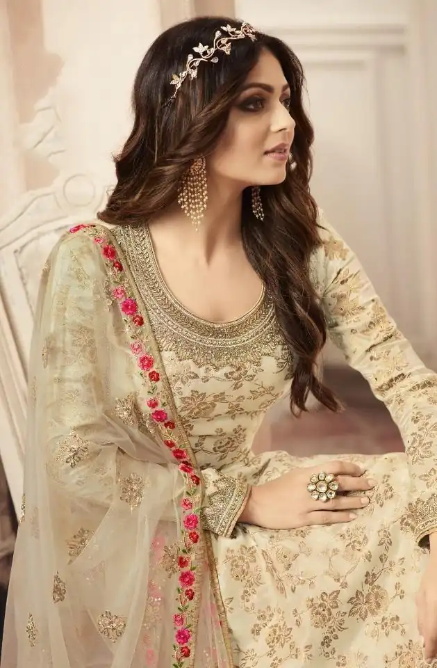Cream Jacquard Silk Georgette Diamond Sharara Suit | Jump Suits, Salwar suit, Casual Suits, Creative suits, Designer Suits, Palazzo Suits, Party Wear Suits, Patiala Suits, Straight Suits