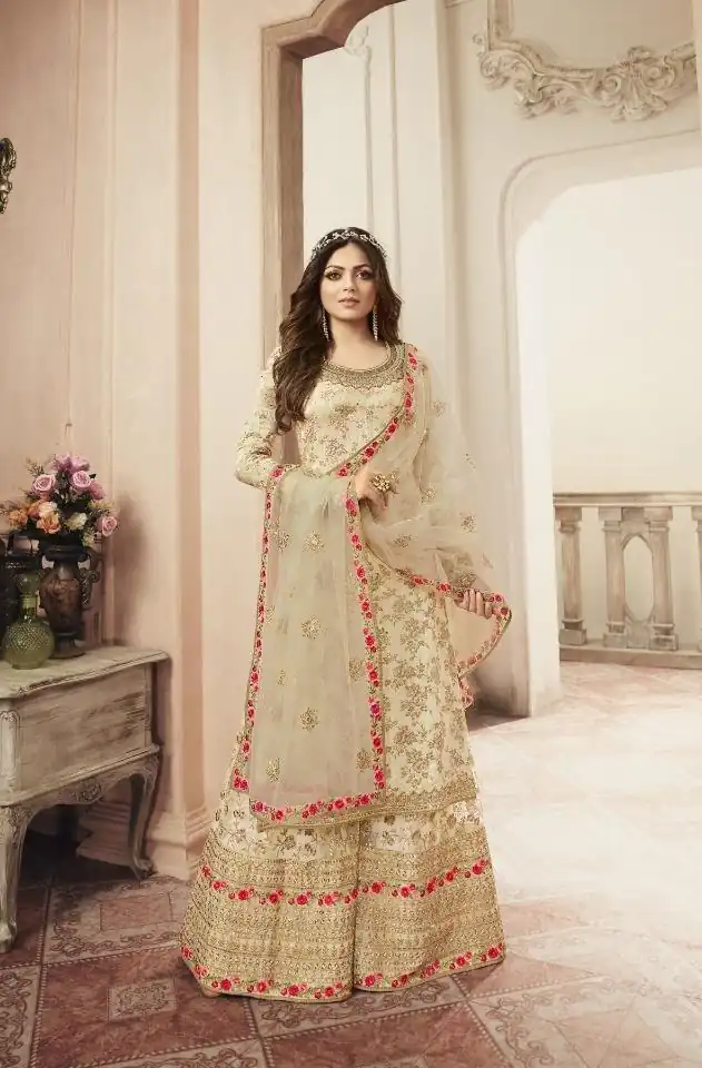 Cream Jacquard Silk Georgette Diamond Sharara Suit | Jump Suits, Salwar suit, Casual Suits, Creative suits, Designer Suits, Palazzo Suits, Party Wear Suits, Patiala Suits, Straight Suits