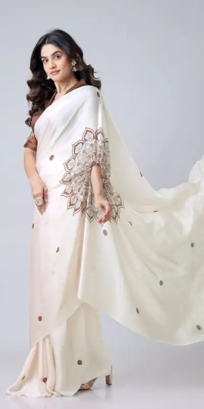Cream Japan Satin Digital Print Work Saree | Sarees, Bollywood Sarees, Creative Sarees, Designer Sarees, Embroidered Sarees, Ethnic Saree, Modern Digital sarees, Party Wear Sarees