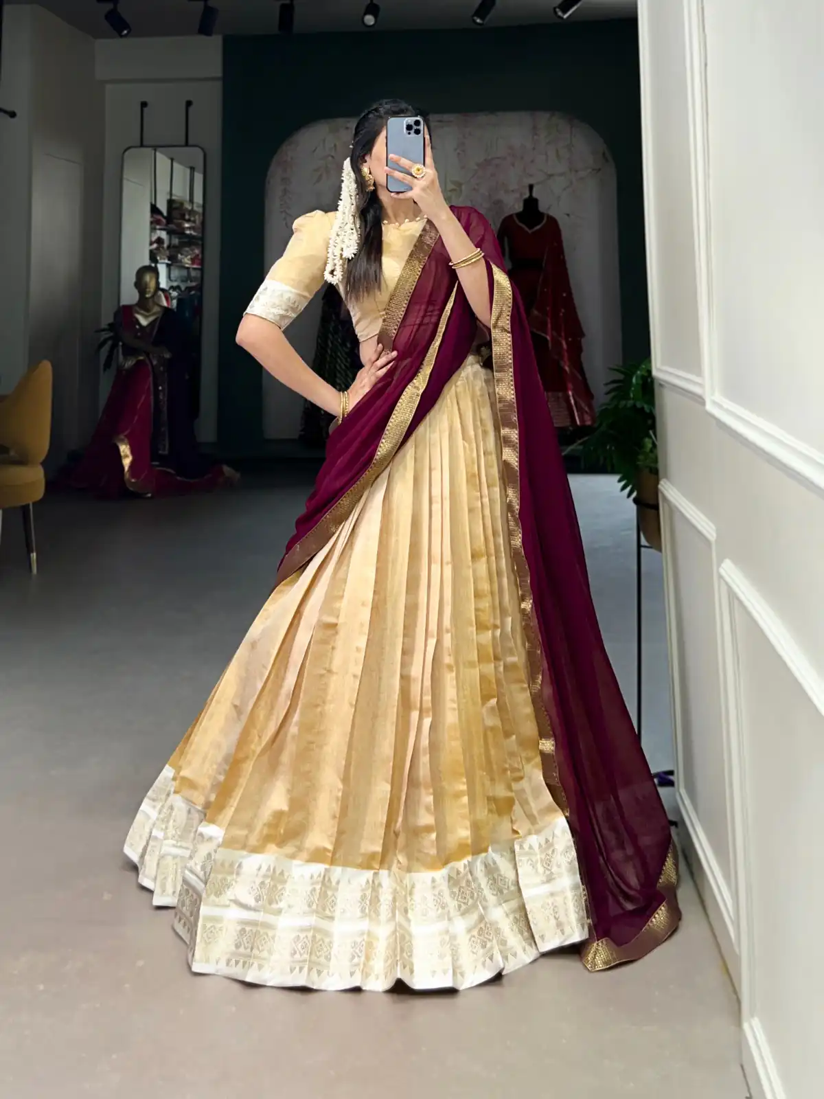 Cream Kanchipuram Zari Weaving Work Lehenga Choli | Lehenga, Bollywood Lehenga, Creative Lehenga, Designer Lehenga, Embroidered Lehenga, Party Wear Lehenga