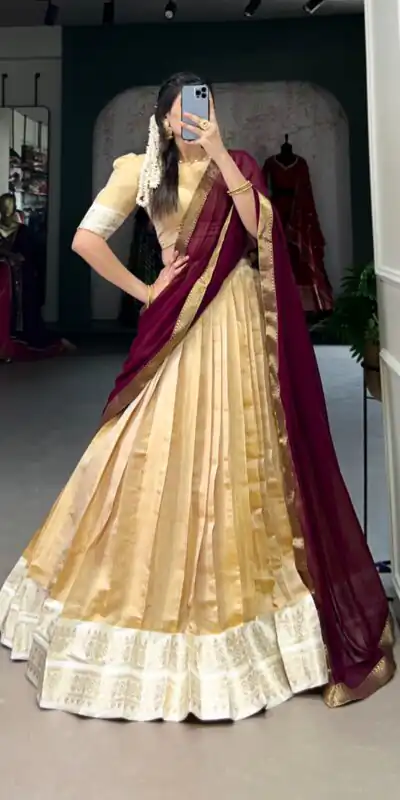 Cream Kanchipuram Zari Weaving Work Lehenga Choli | Lehenga, Bollywood Lehenga, Creative Lehenga, Designer Lehenga, Embroidered Lehenga, Party Wear Lehenga