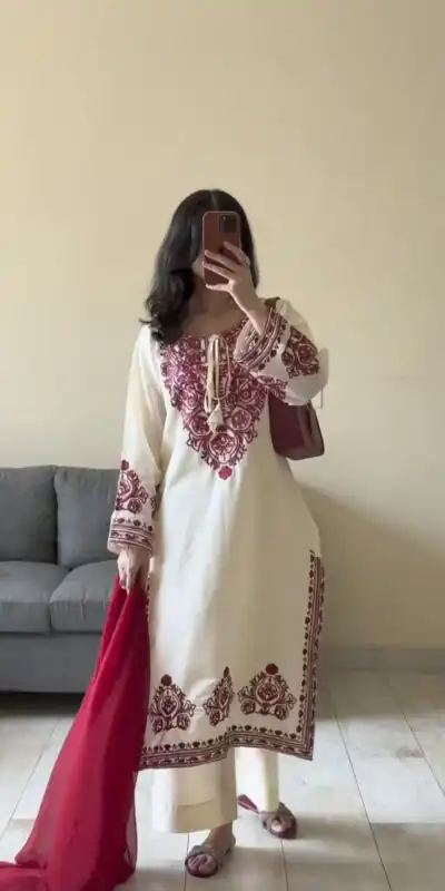 Cream Natural Crep Embroidery Work Salwar Suit | Jump Suits, Salwar suit, Casual Suits, Creative suits, Designer Suits, Palazzo Suits, Party Wear Suits, Patiala Suits, Straight Suits