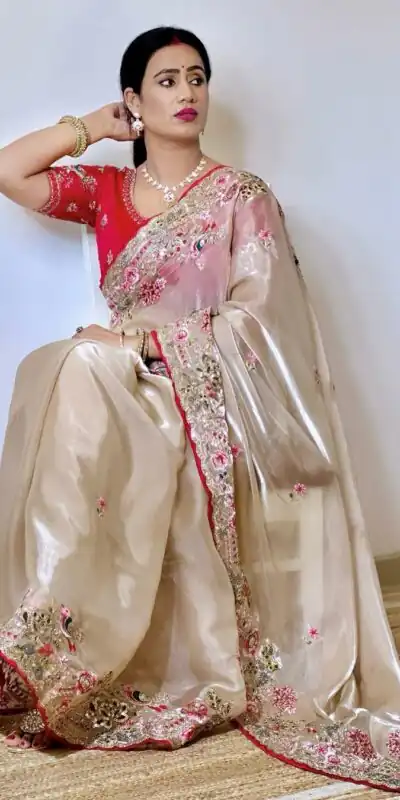 Cream Organza Silk Embroidery Cut Work Saree | Sarees, Bollywood Sarees, Creative Sarees, Designer Sarees, Embroidered Sarees, Ethnic Saree, Modern Digital sarees, Party Wear Sarees
