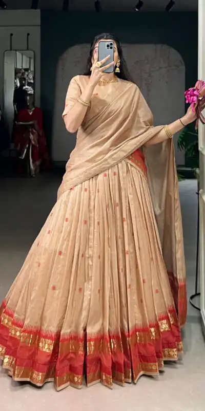 Cream Pure Chanderi Zari Work Lehenga Choli | Lehenga, Bollywood Lehenga, Creative Lehenga, Designer Lehenga, Embroidered Lehenga, Party Wear Lehenga