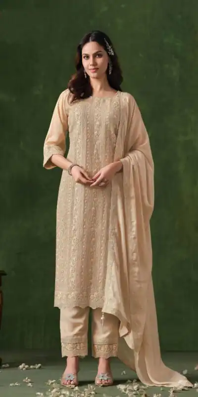 Cream Rangoli Coding Sequence Work Salwar Suit | Jump Suits, Salwar suit, Casual Suits, Creative suits, Designer Suits, Palazzo Suits, Party Wear Suits, Patiala Suits, Straight Suits
