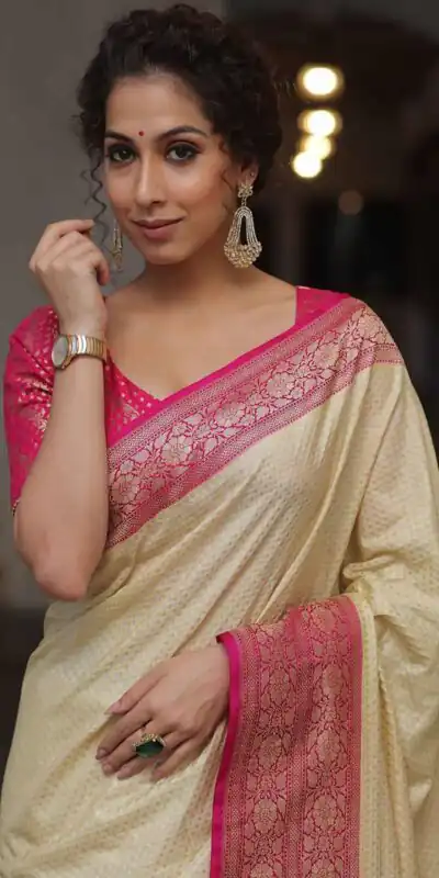 Cream Soft Lichi Silk Jacquard Rich Pallu Saree | Sarees, Bollywood Sarees, Creative Sarees, Designer Sarees, Embroidered Sarees, Ethnic Saree, Modern Digital sarees, Party Wear Sarees