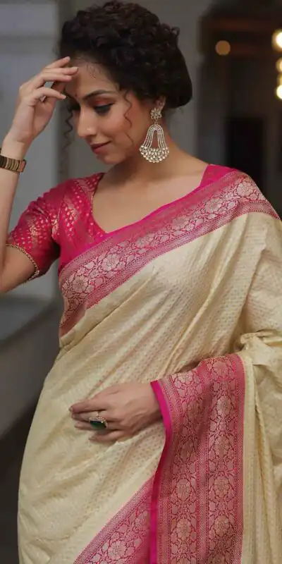 Cream Soft Lichi Silk Jacquard Rich Pallu Saree | Sarees, Bollywood Sarees, Creative Sarees, Designer Sarees, Embroidered Sarees, Ethnic Saree, Modern Digital sarees, Party Wear Sarees