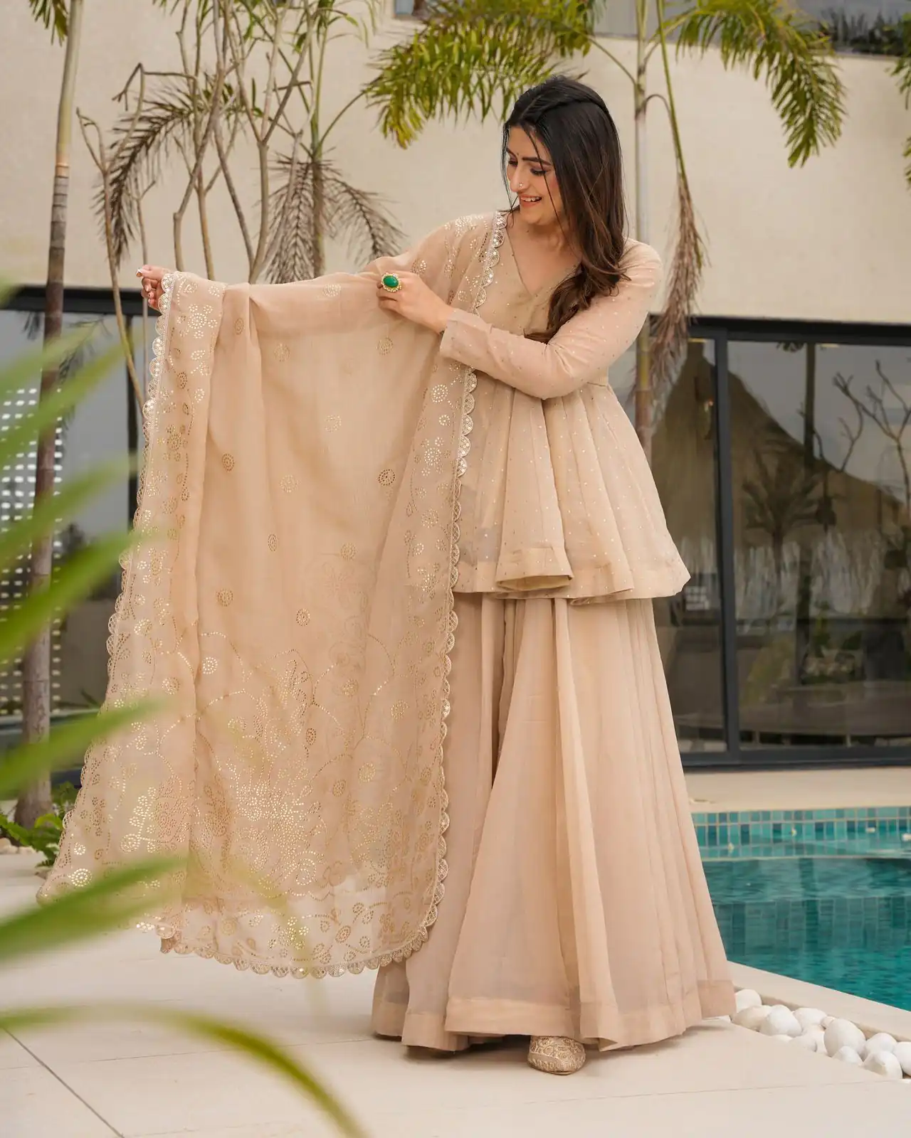 Cream Tabby Organza Lace Work Salwar Suit | Jump Suits, Salwar suit, Casual Suits, Creative suits, Designer Suits, Palazzo Suits, Party Wear Suits, Patiala Suits, Straight Suits