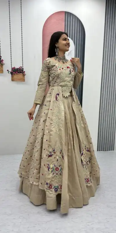 Cream Vichitra Sequence Work Lehenga Choli | Lehenga, Bollywood Lehenga, Creative Lehenga, Designer Lehenga, Embroidered Lehenga, Party Wear Lehenga