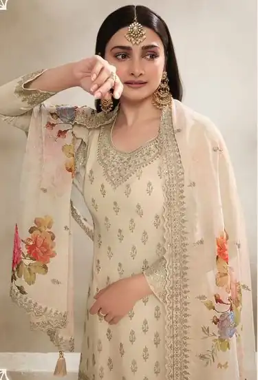 Cream Viscose Chinon Embroidered Sequence Salwar Suit | Salwar suit, Casual Suits, Creative suits, Designer Suits, Palazzo Suits, Party Wear Suits, Patiala Suits, Straight Suits