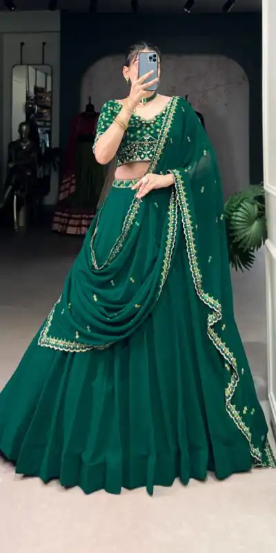 Dark Green Georgette Embroidery Work Lehenga Choli | Lehenga, Bollywood Lehenga, Creative Lehenga, Designer Lehenga, Embroidered Lehenga, Party Wear Lehenga