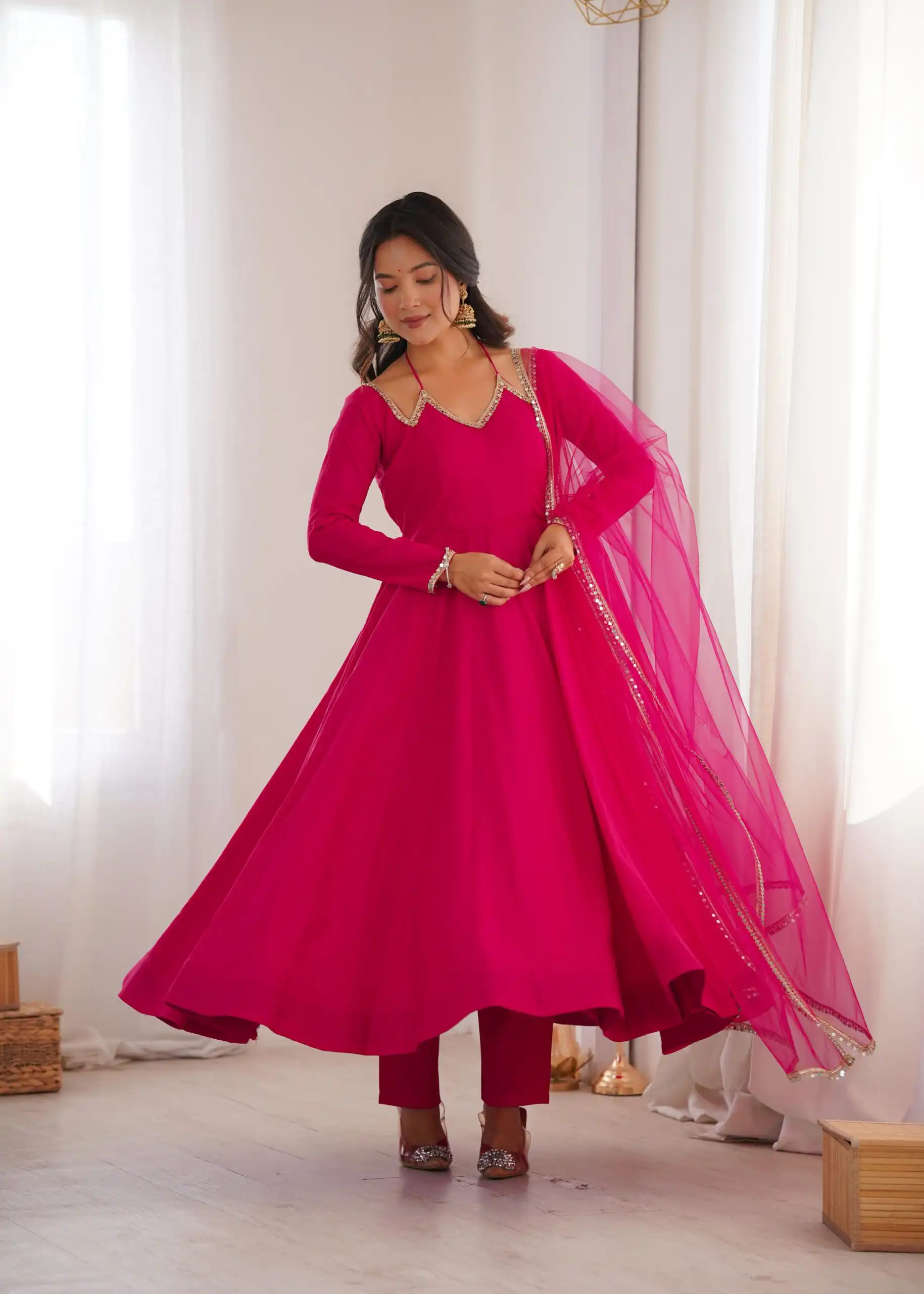 Dark Pink Soft Nylon Net Mirror Lace Work Anarkali Suit | Anarkali Suits, Bollywood Anarkali, Creative-Anarkali, Designer Anarkali, Embroidered Anarkali, Party Wear Anarkali