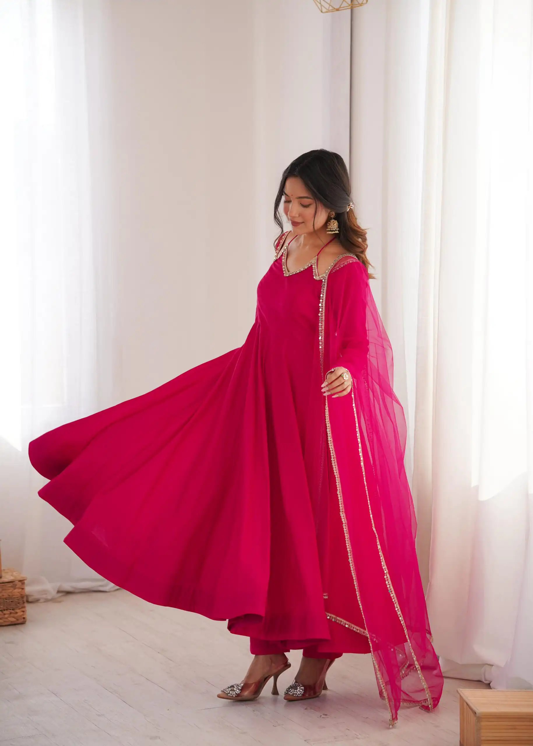 Dark Pink Soft Nylon Net Mirror Lace Work Anarkali Suit | Anarkali Suits, Bollywood Anarkali, Creative-Anarkali, Designer Anarkali, Embroidered Anarkali, Party Wear Anarkali