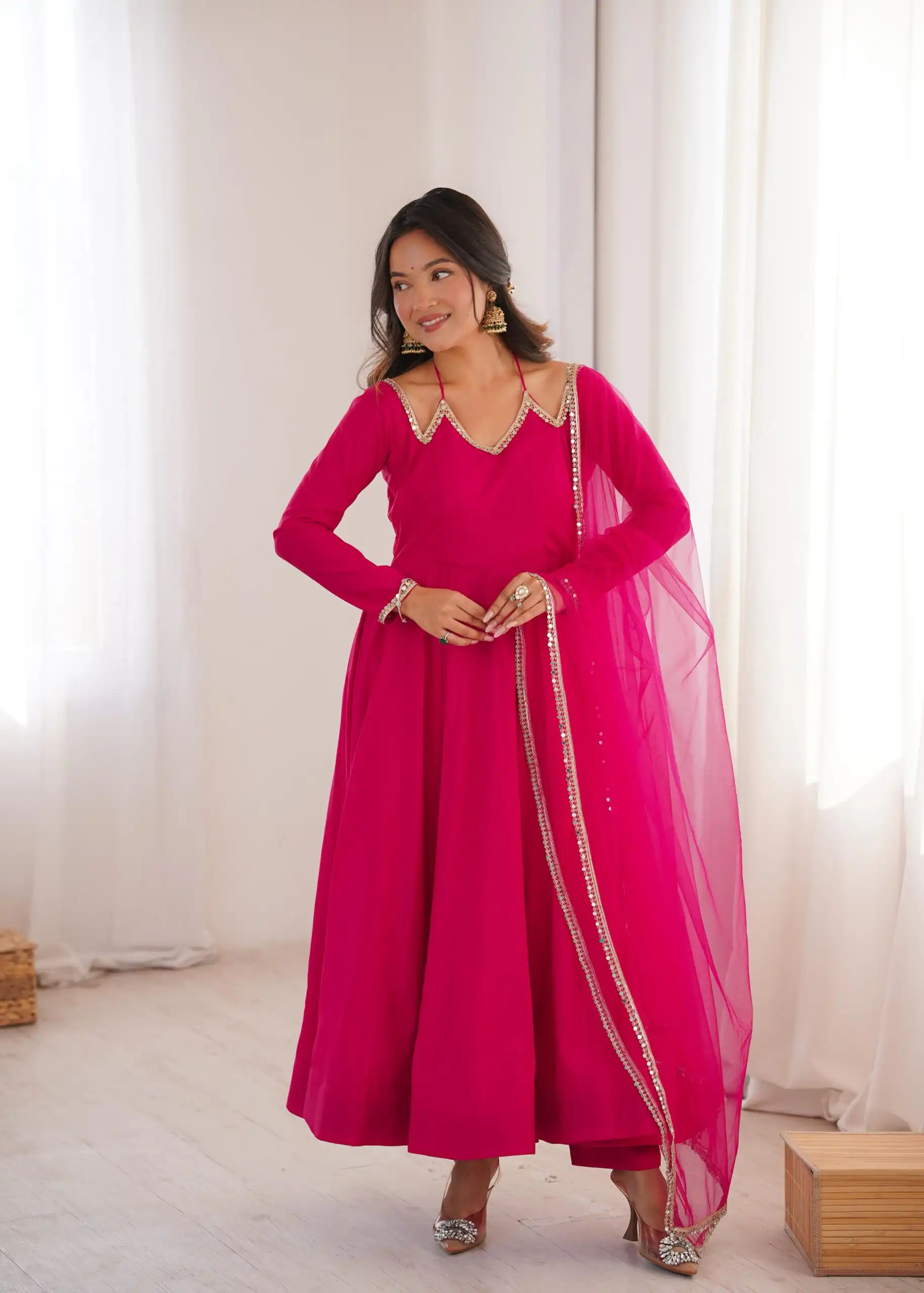 Dark Pink Soft Nylon Net Mirror Lace Work Anarkali Suit | Anarkali Suits, Bollywood Anarkali, Creative-Anarkali, Designer Anarkali, Embroidered Anarkali, Party Wear Anarkali