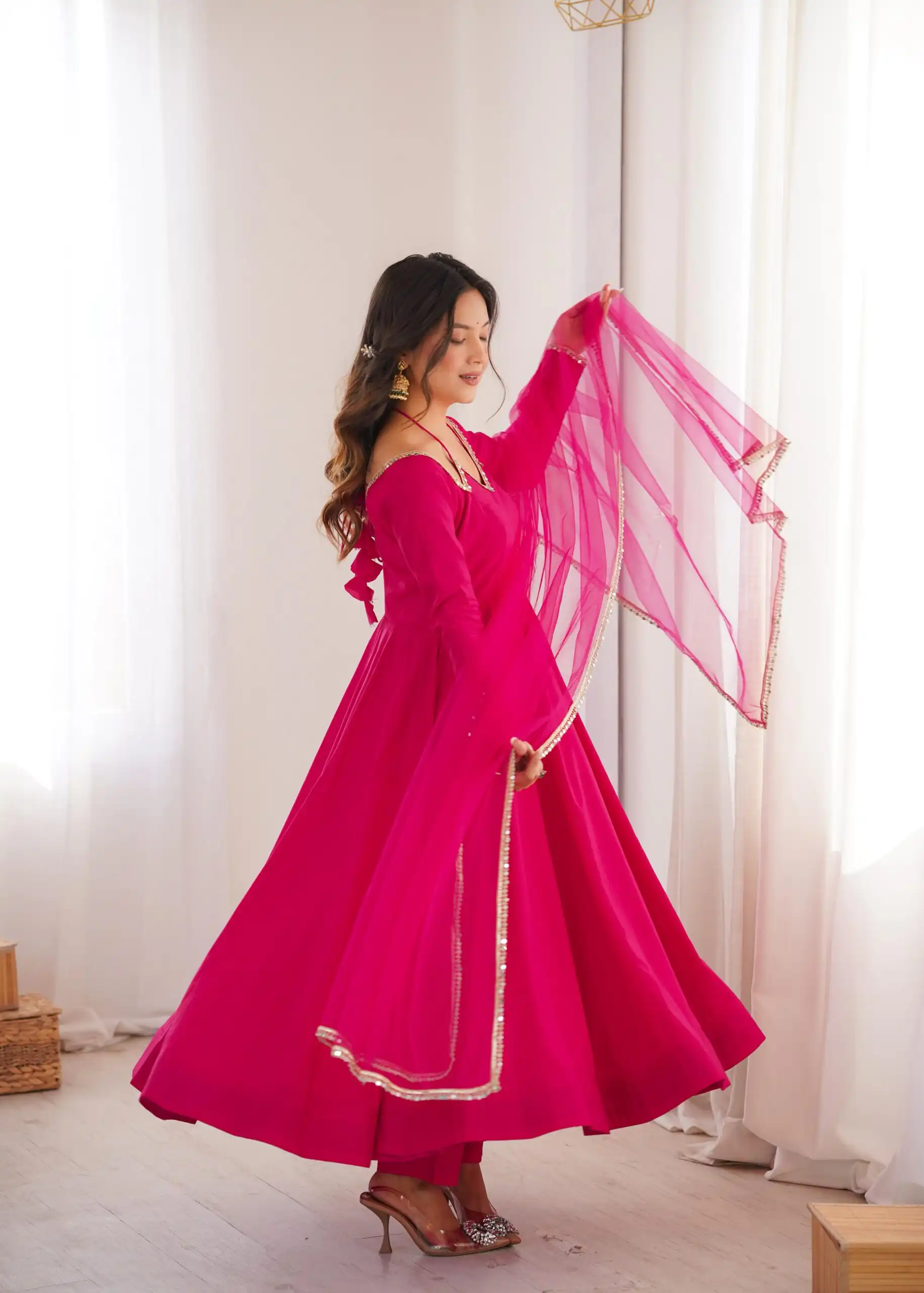 Dark Pink Soft Nylon Net Mirror Lace Work Anarkali Suit | Anarkali Suits, Bollywood Anarkali, Creative-Anarkali, Designer Anarkali, Embroidered Anarkali, Party Wear Anarkali