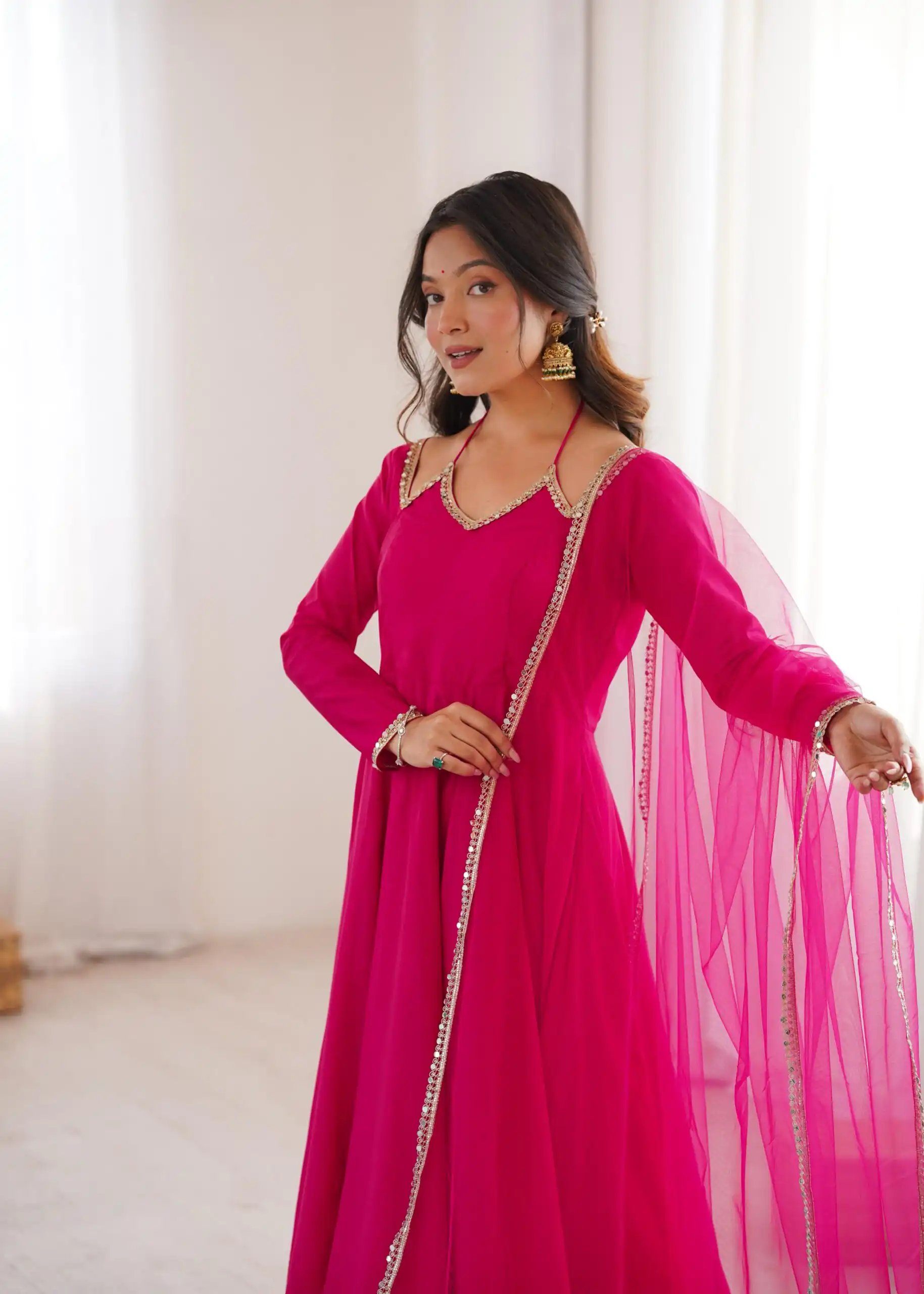 Dark Pink Soft Nylon Net Mirror Lace Work Anarkali Suit | Anarkali Suits, Bollywood Anarkali, Creative-Anarkali, Designer Anarkali, Embroidered Anarkali, Party Wear Anarkali