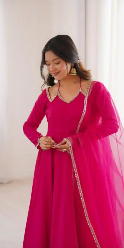 Dark Pink Soft Nylon Net Mirror Lace Work Anarkali Suit | Anarkali Suits, Bollywood Anarkali, Creative-Anarkali, Designer Anarkali, Embroidered Anarkali, Party Wear Anarkali