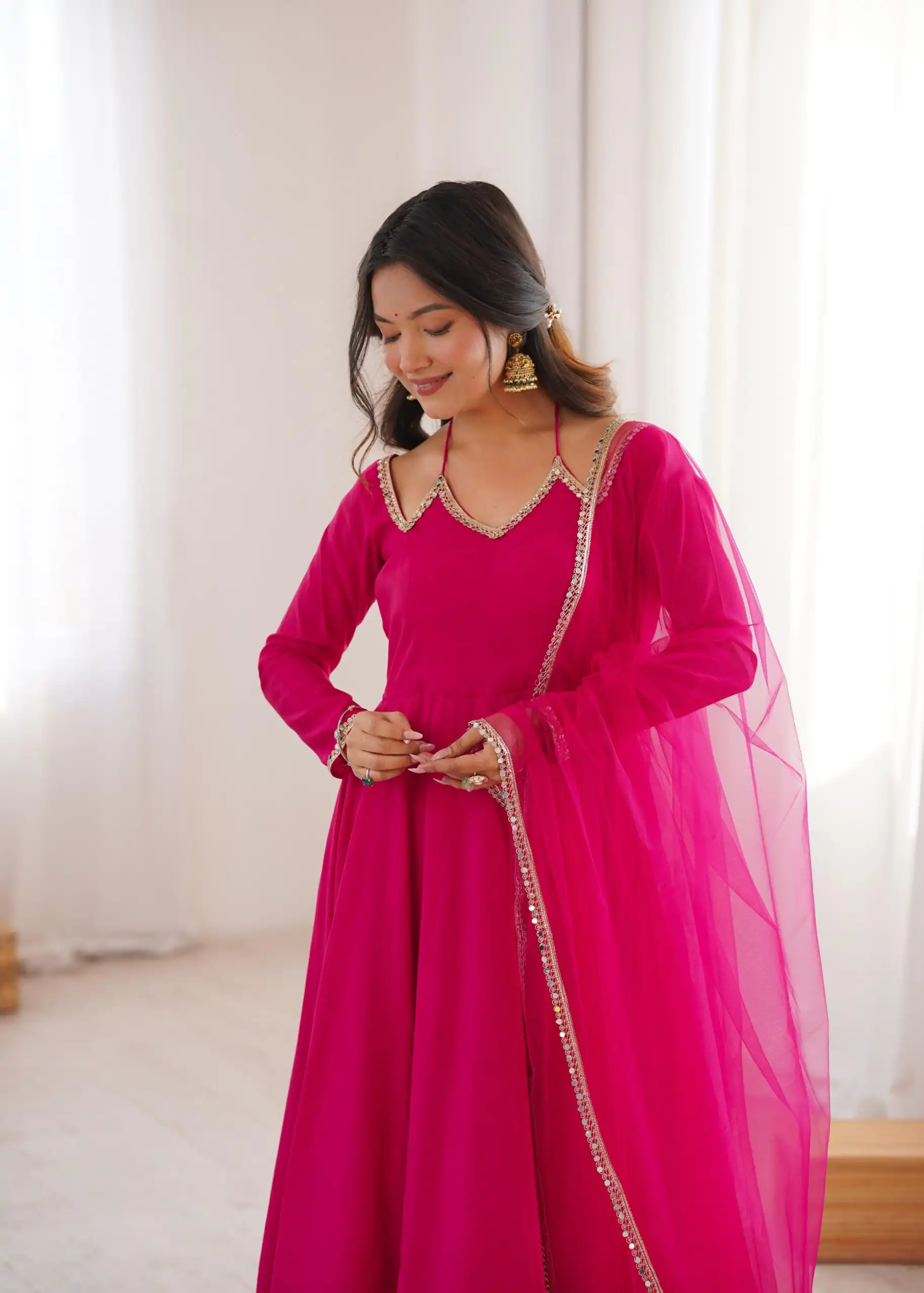 Dark Pink Soft Nylon Net Mirror Lace Work Anarkali Suit | Anarkali Suits, Bollywood Anarkali, Creative-Anarkali, Designer Anarkali, Embroidered Anarkali, Party Wear Anarkali