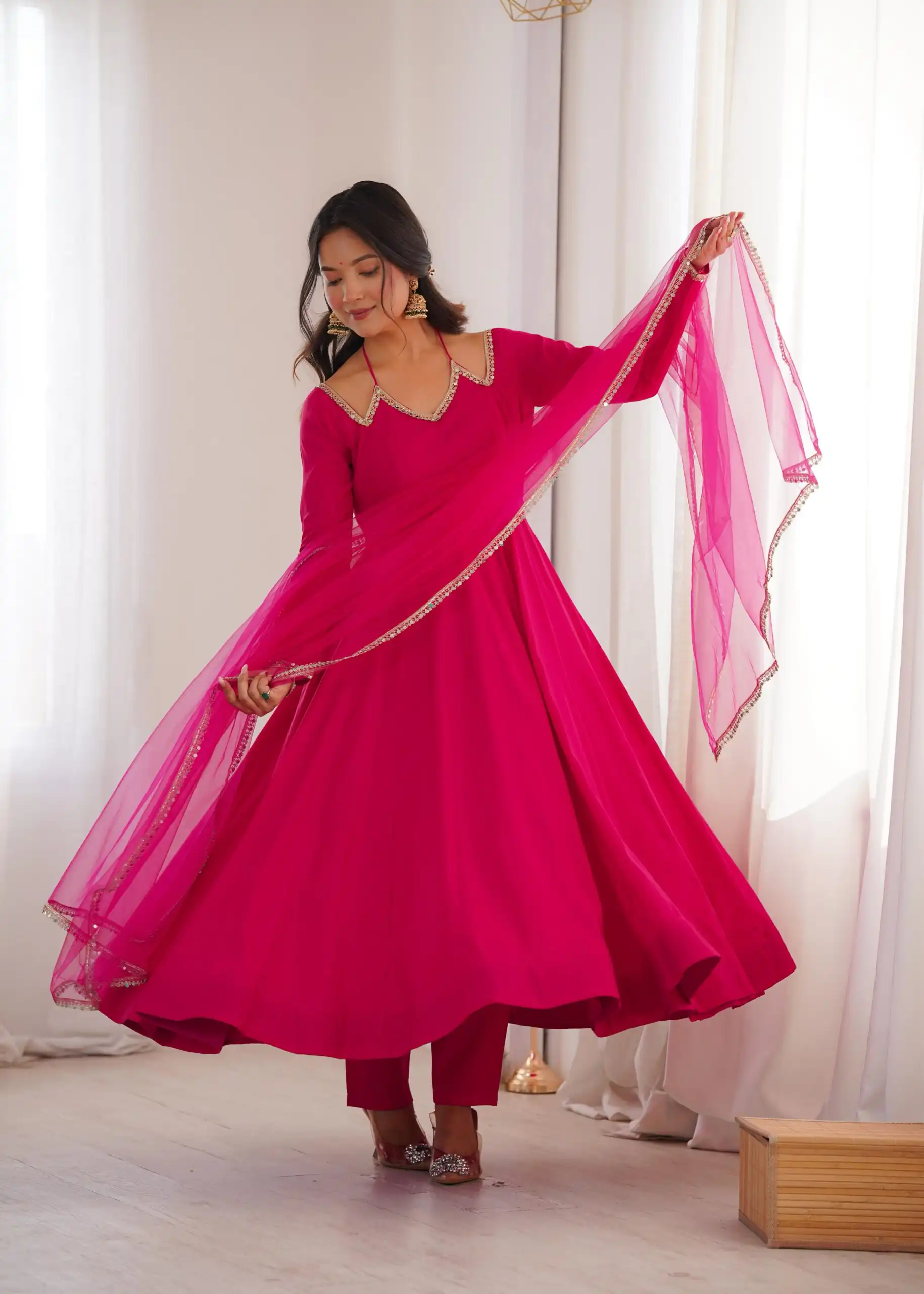 Dark Pink Soft Nylon Net Mirror Lace Work Anarkali Suit | Anarkali Suits, Bollywood Anarkali, Creative-Anarkali, Designer Anarkali, Embroidered Anarkali, Party Wear Anarkali