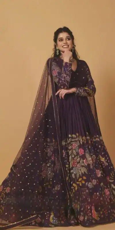 Dark Purple Chant Crepe Print Gown | Gowns, Bollywood Gowns, Creative Gowns, Designer Gowns, Embroidered Gowns, Party Wear Gowns