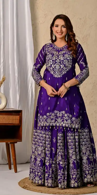 Dark Purple Chinon Silk Embroidery Zari Work Lehenga Choli | Lehenga, Bollywood Lehenga, Creative Lehenga, Designer Lehenga, Embroidered Lehenga, Party Wear Lehenga