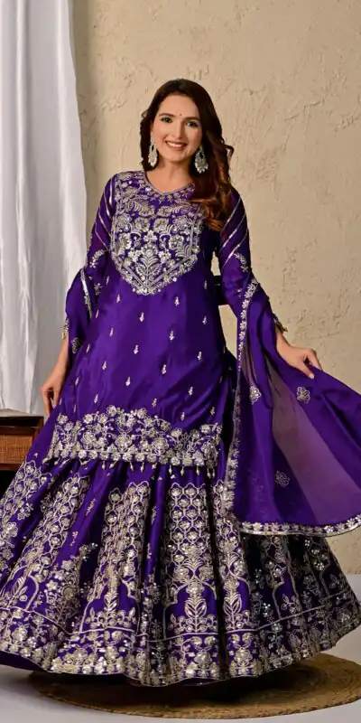 Dark Purple Chinon Silk Embroidery Zari Work Lehenga Choli | Lehenga, Bollywood Lehenga, Creative Lehenga, Designer Lehenga, Embroidered Lehenga, Party Wear Lehenga