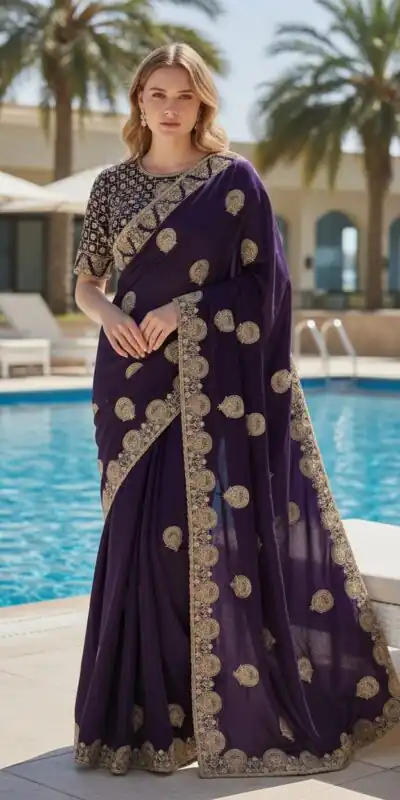 Dark Purple Fandy Satin Silk Embroidery Zari Work Saree | Sarees, Bollywood Sarees, Creative Sarees, Designer Sarees, Embroidered Sarees, Ethnic Saree, Modern Digital sarees, Party Wear Sarees