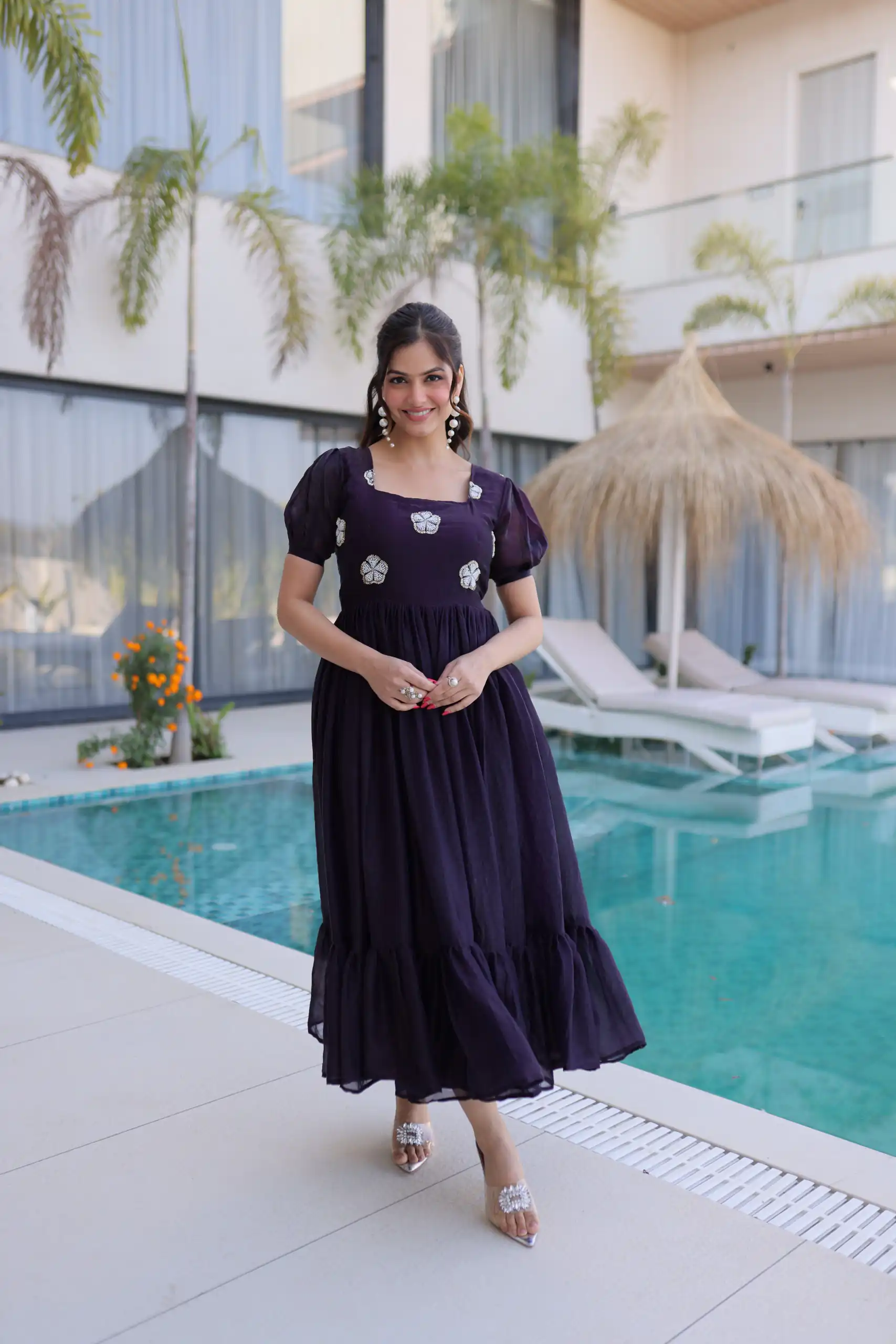 Dark Purple Fendi Silk Embroidery Bead Work Gown | Gowns, Bollywood Gowns, Creative Gowns, Designer Gowns, Embroidered Gowns, Party Wear Gowns