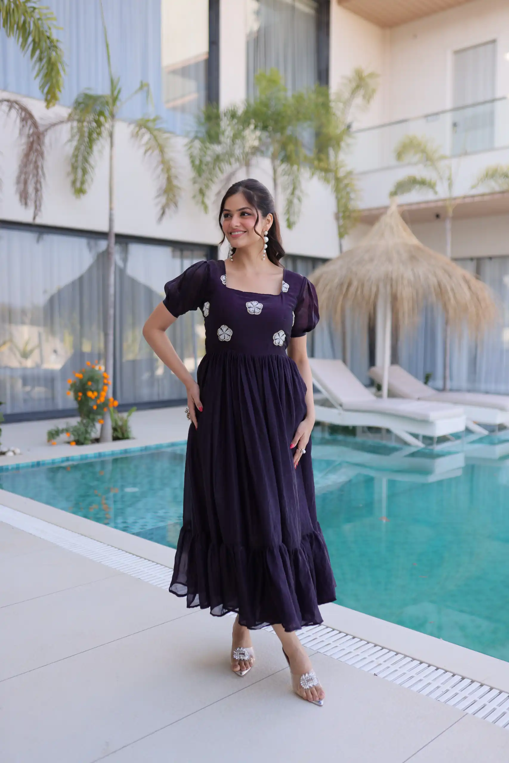 Dark Purple Fendi Silk Embroidery Bead Work Gown | Gowns, Bollywood Gowns, Creative Gowns, Designer Gowns, Embroidered Gowns, Party Wear Gowns