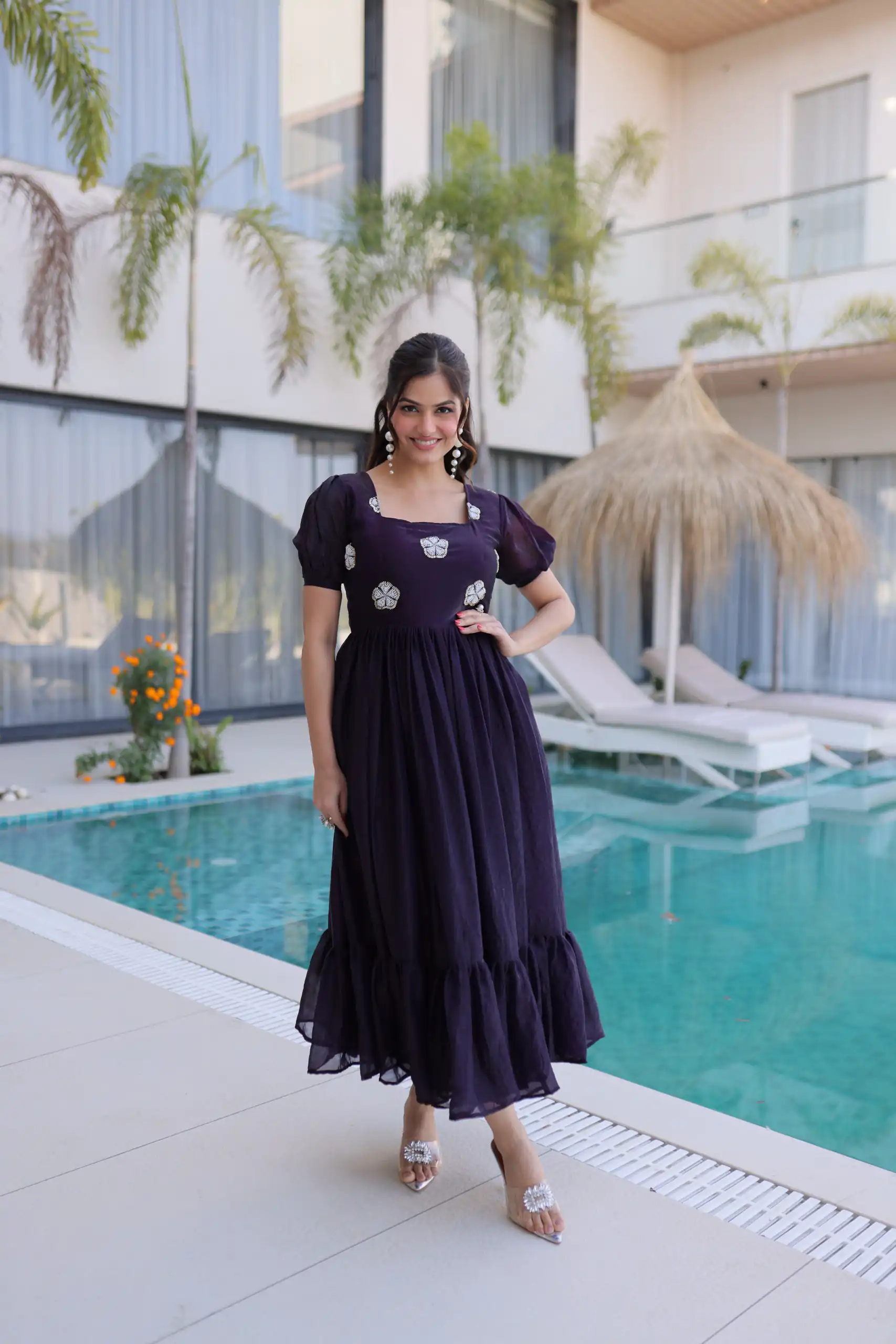 Dark Purple Fendi Silk Embroidery Bead Work Gown | Gowns, Bollywood Gowns, Creative Gowns, Designer Gowns, Embroidered Gowns, Party Wear Gowns