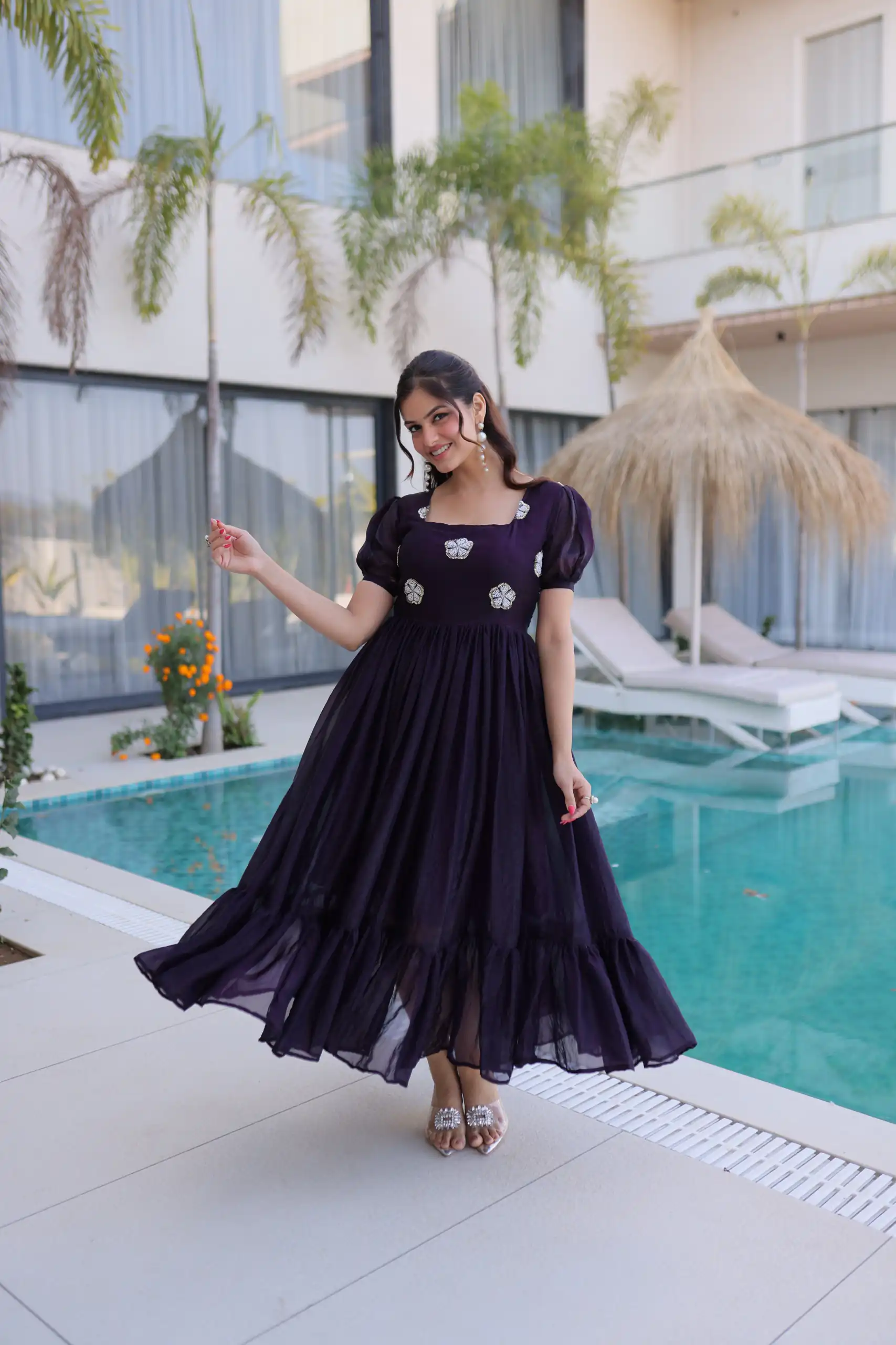 Dark Purple Fendi Silk Embroidery Bead Work Gown | Gowns, Bollywood Gowns, Creative Gowns, Designer Gowns, Embroidered Gowns, Party Wear Gowns