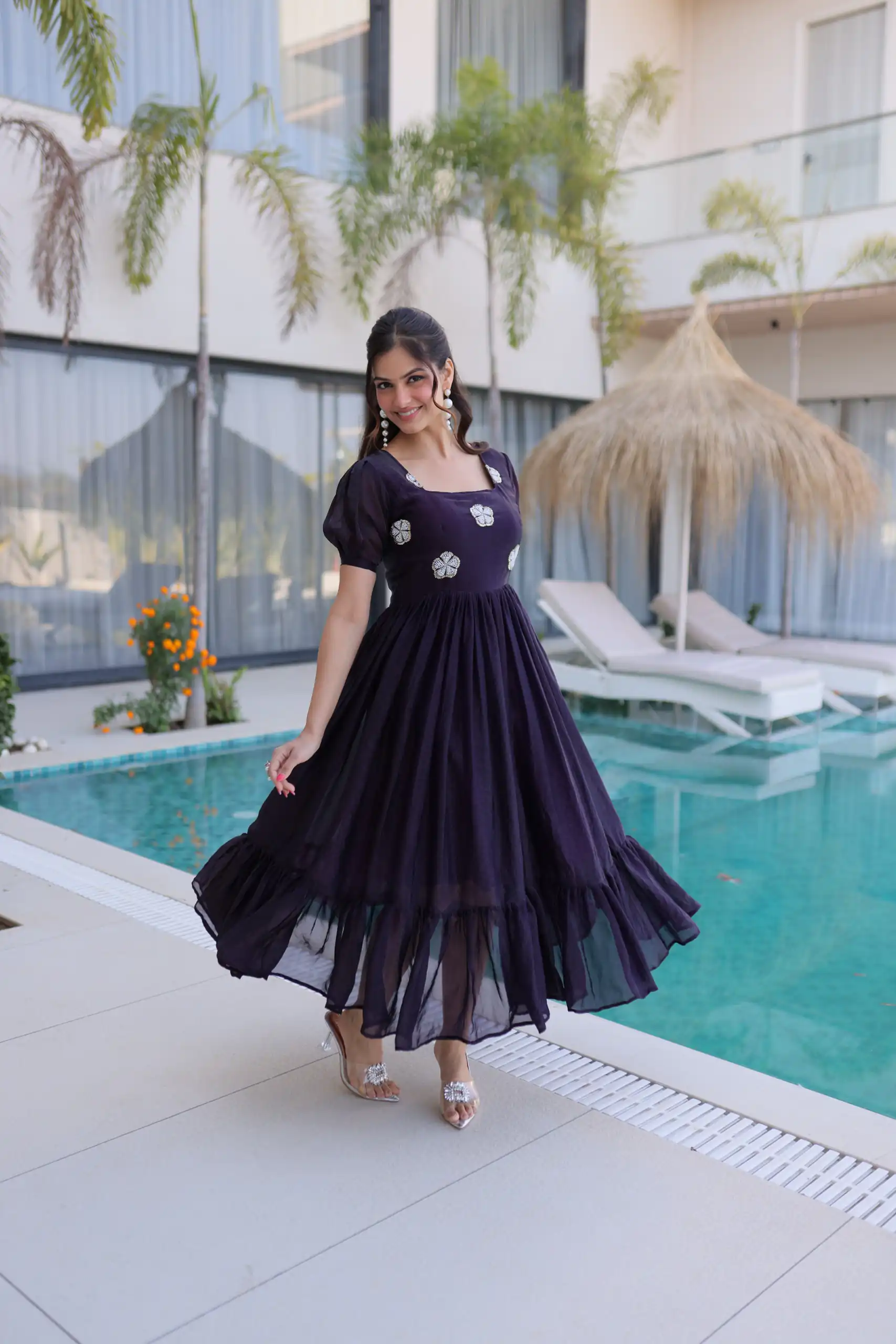 Dark Purple Fendi Silk Embroidery Bead Work Gown | Gowns, Bollywood Gowns, Creative Gowns, Designer Gowns, Embroidered Gowns, Party Wear Gowns