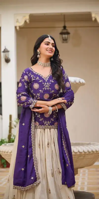 Dark Purple Pure Chinon Embroidery Work Lehenga Choli | Lehenga, Bollywood Lehenga, Creative Lehenga, Designer Lehenga, Embroidered Lehenga, Party Wear Lehenga