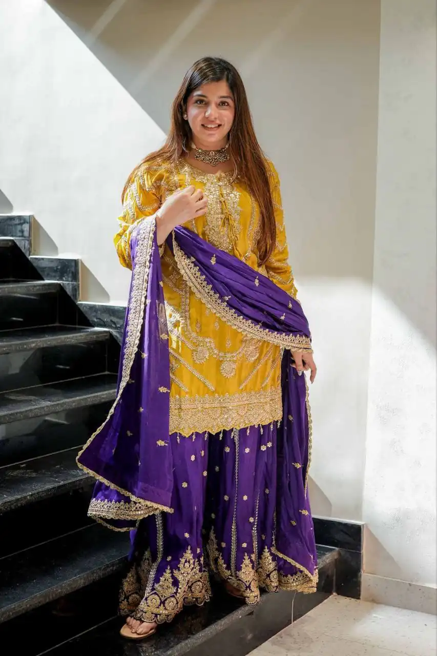 Darling Yellow Chinon Silk Embroider Work Salwar Suit | Jump Suits, Salwar suit, Casual Suits, Creative suits, Designer Suits, Palazzo Suits, Party Wear Suits, Patiala Suits, Straight Suits