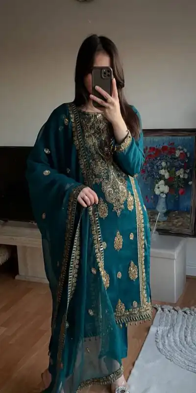 Dazzling Teal Chinon Silk Embroidery Work Salwar Suit | Jump Suits, Salwar suit, Casual Suits, Creative suits, Designer Suits, Palazzo Suits, Party Wear Suits, Patiala Suits, Straight Suits
